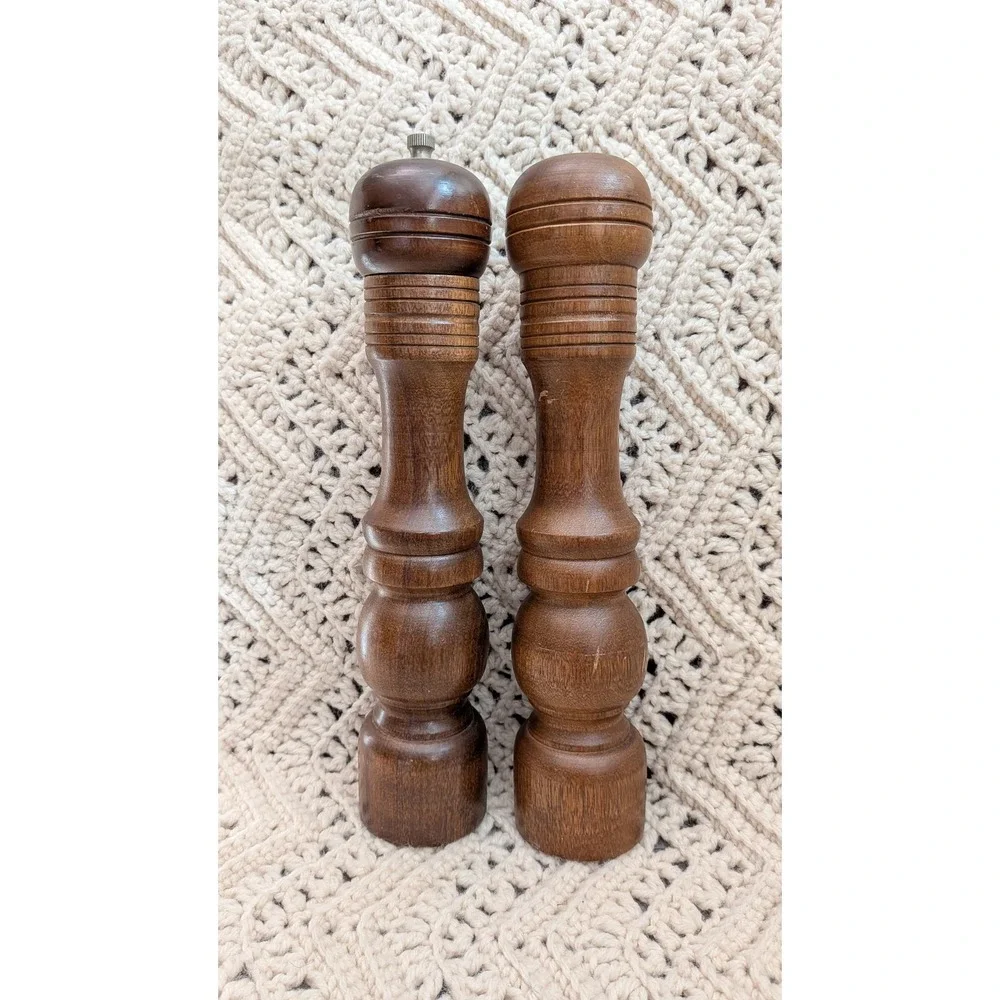 Vintage MCM Wooden Salt & Pepper Mill Set Dark Brown Tall Turned Wood 10.5 Inch